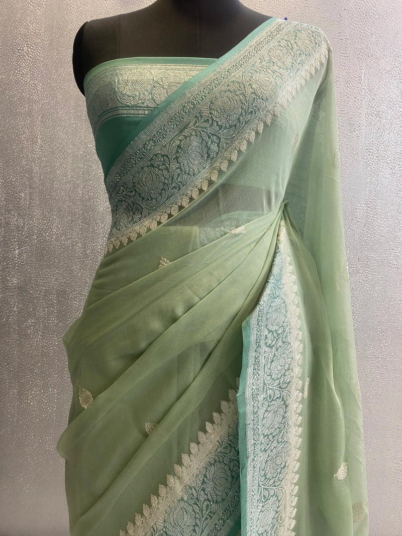 Handwoven kadhuwa khaddi georgette pure silk banarasi saree with silver zari booti contrast color combination