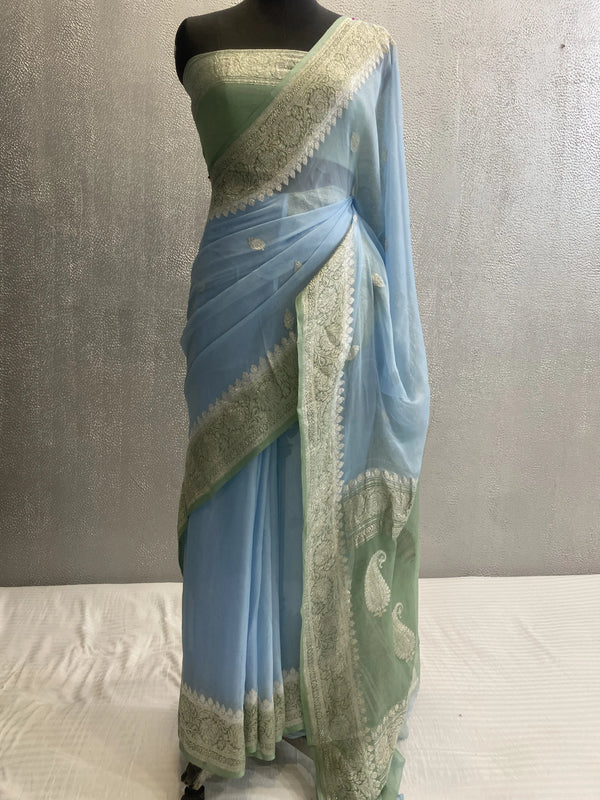 Handwoven kadhuwa khaddi georgette pure silk banarasi saree silver zari booti contrast color combination