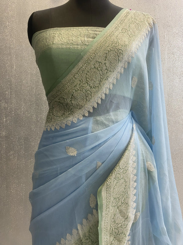 Handwoven kadhuwa khaddi georgette pure silk banarasi saree silver zari booti contrast color combination