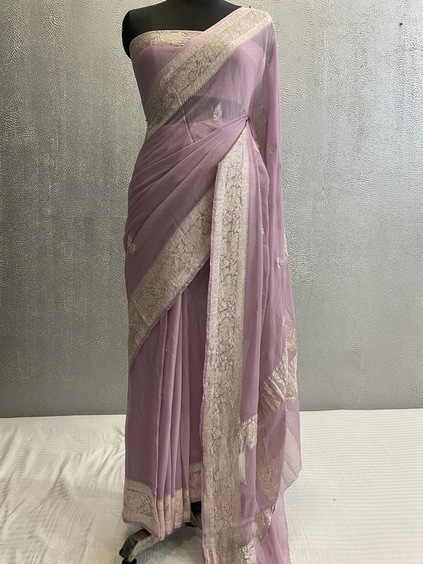 Handwoven kadhuwa khaddi georgette pure silk banarasi saree silver zari booti saree