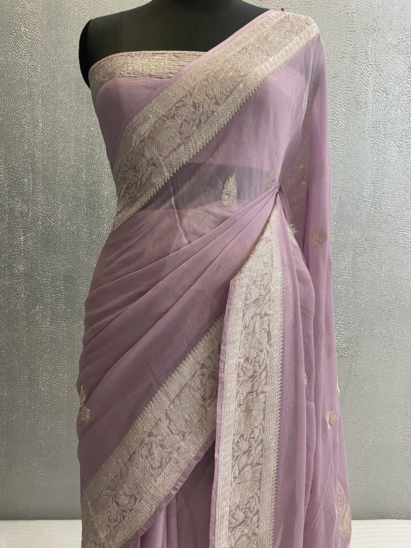 Handwoven kadhuwa khaddi georgette pure silk banarasi saree silver zari booti saree