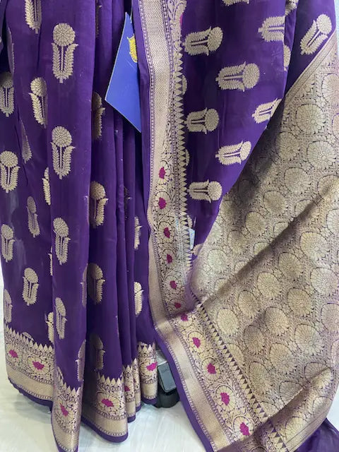 Purple Pure cotton silk meena boota banarasi saree