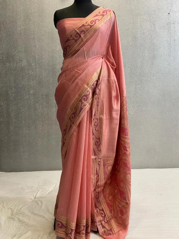 Pink Pure katan chiniya silk banarasi saree in tilfi pattern aachal border