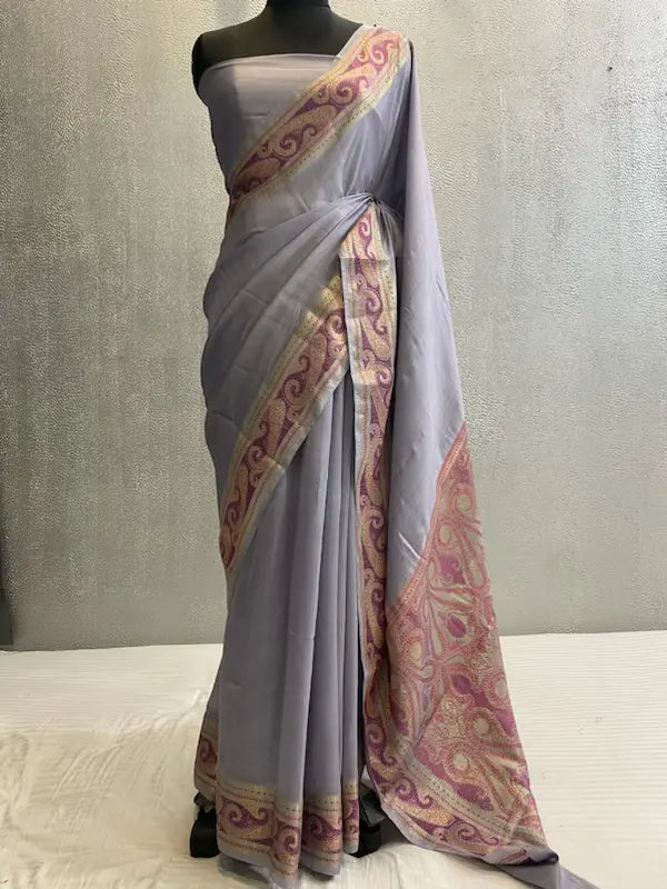 Grey Pure katan chiniya silk banarasi saree in tilfi pattern aachal border