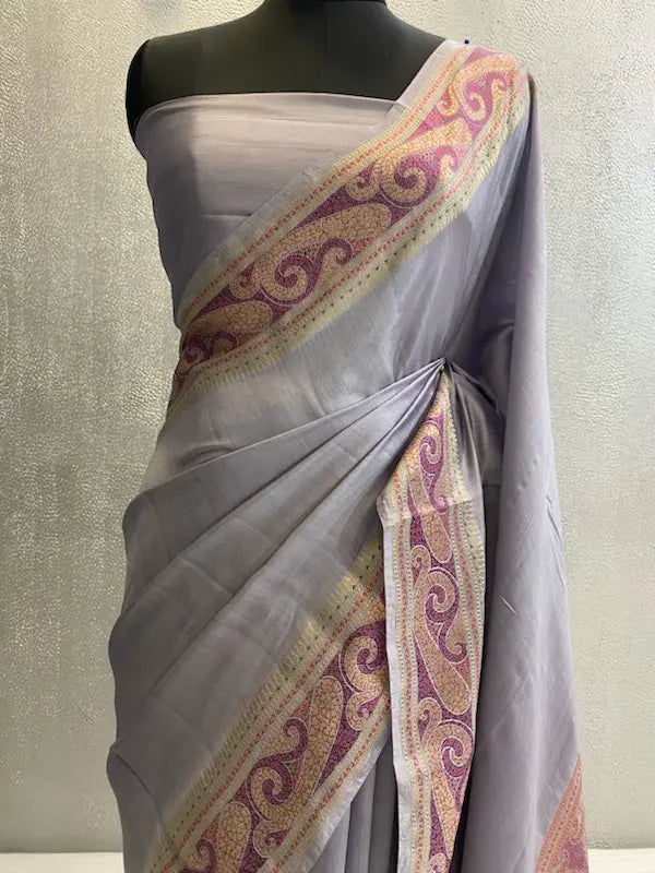 Grey Pure katan chiniya silk banarasi saree in tilfi pattern aachal border