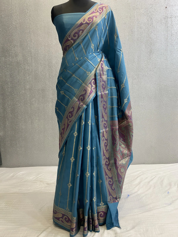 Blue Pure chinya silk tilfi aachal border banarasi saree in zari work