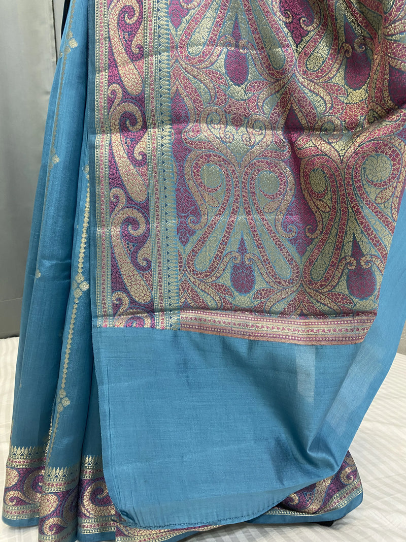 Blue Pure chinya silk tilfi aachal border banarasi saree in zari work