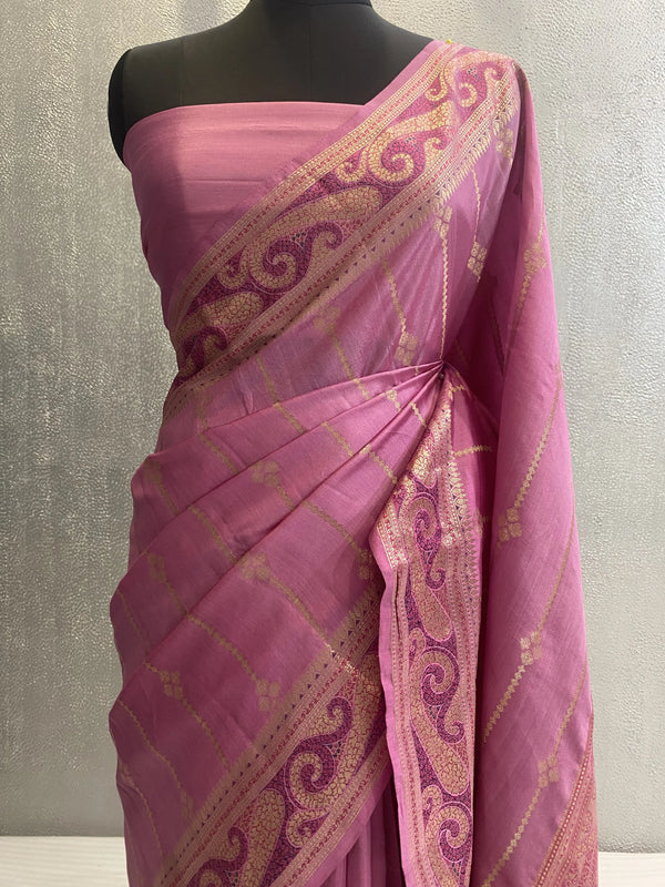 Pink Pure chinya silk tilfi aachal border banarasi saree in zari work
