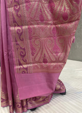 Pink Pure chinya silk tilfi aachal border banarasi saree in zari work
