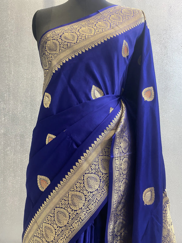 Royal Blue Handwoven kadhuwa pure satin katan silk meena boota saree