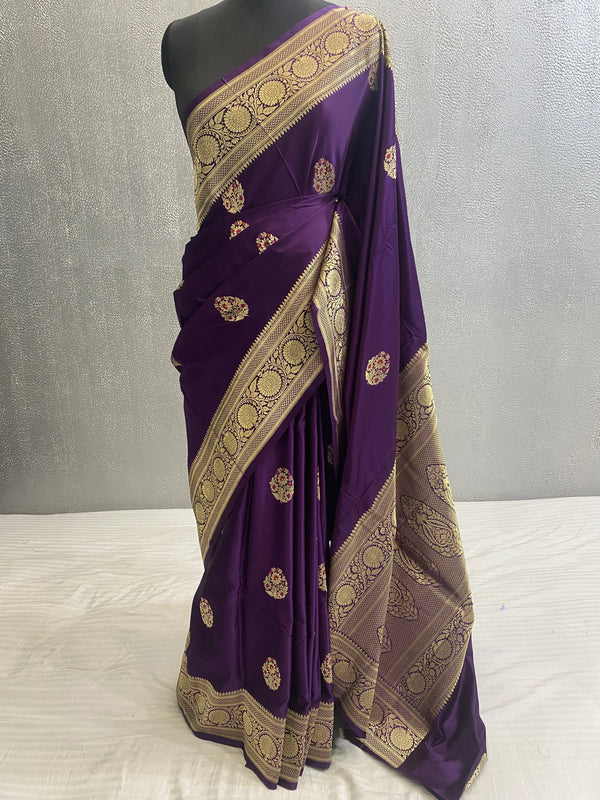 Purple Handwoven kadhuwa pure satin katan silk meena boota saree