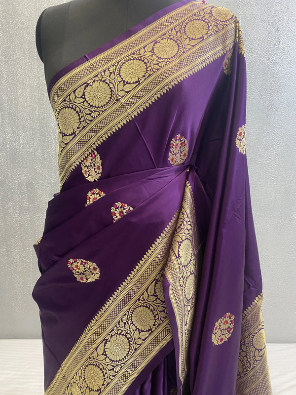 Purple Handwoven kadhuwa pure satin katan silk meena boota saree