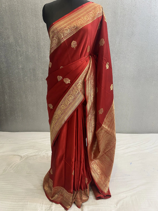 Red Handwoven kadhuwa pure satin katan silk meena boota saree