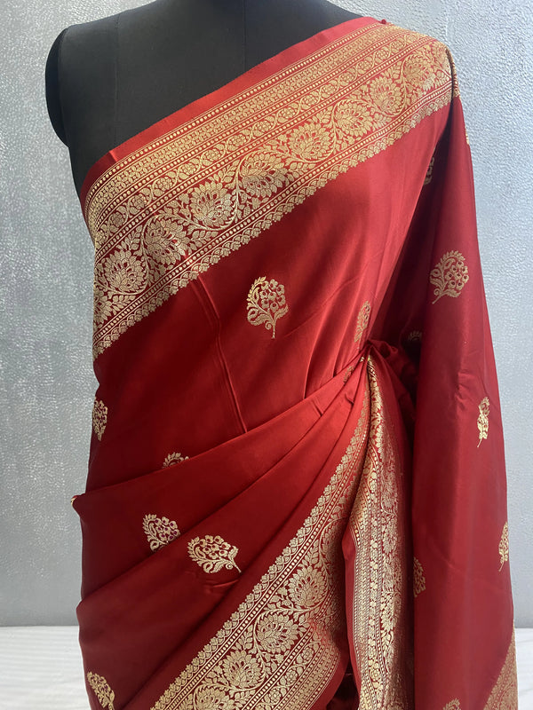 Red Handwoven kadhuwa pure satin katan silk meena boota saree