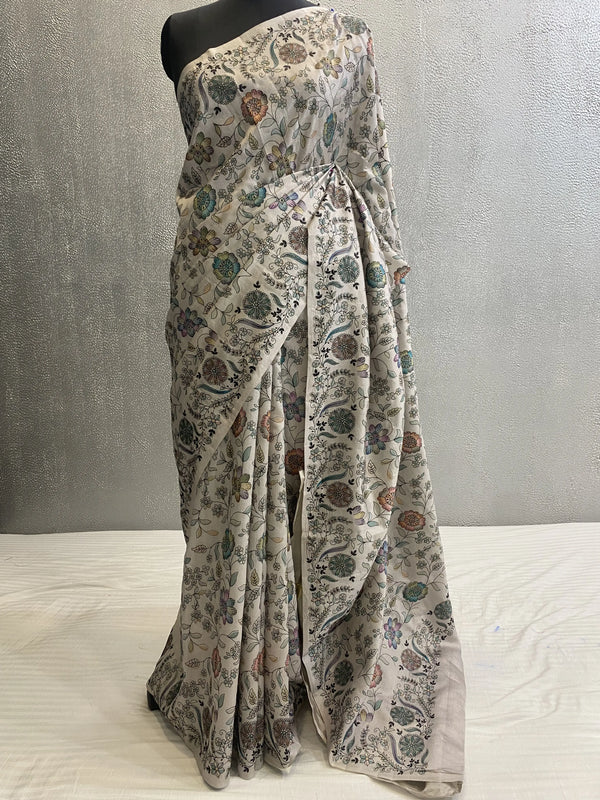 Beige Pure kataan chinya silk banarasi saree in resham embroidery with meenakari