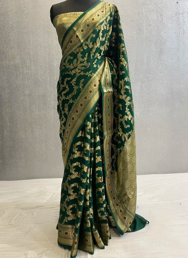 Bottle Green Pure katan Silk Meena Jaal Banarasi Saree