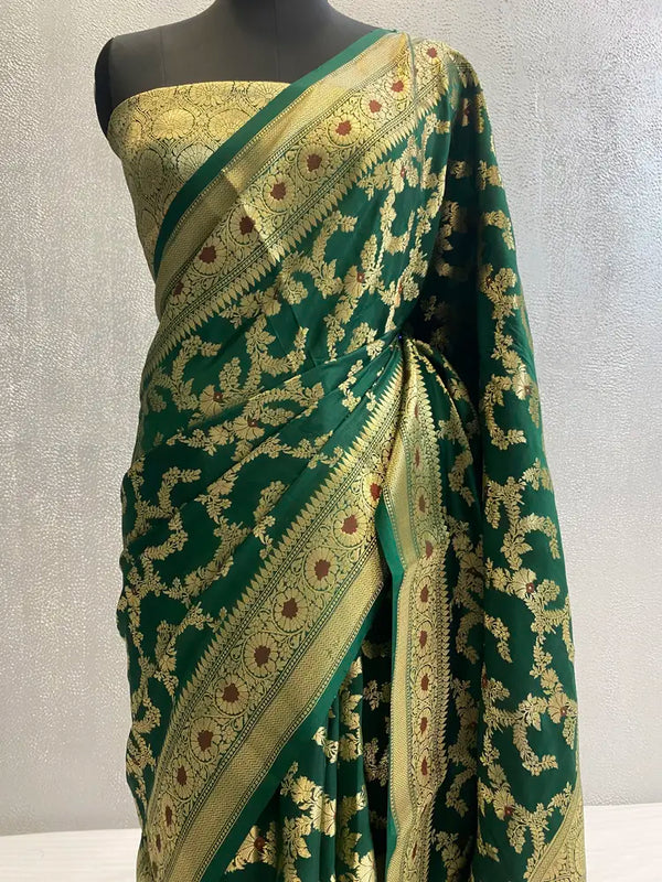 Bottle Green Pure katan Silk Meena Jaal Banarasi Saree