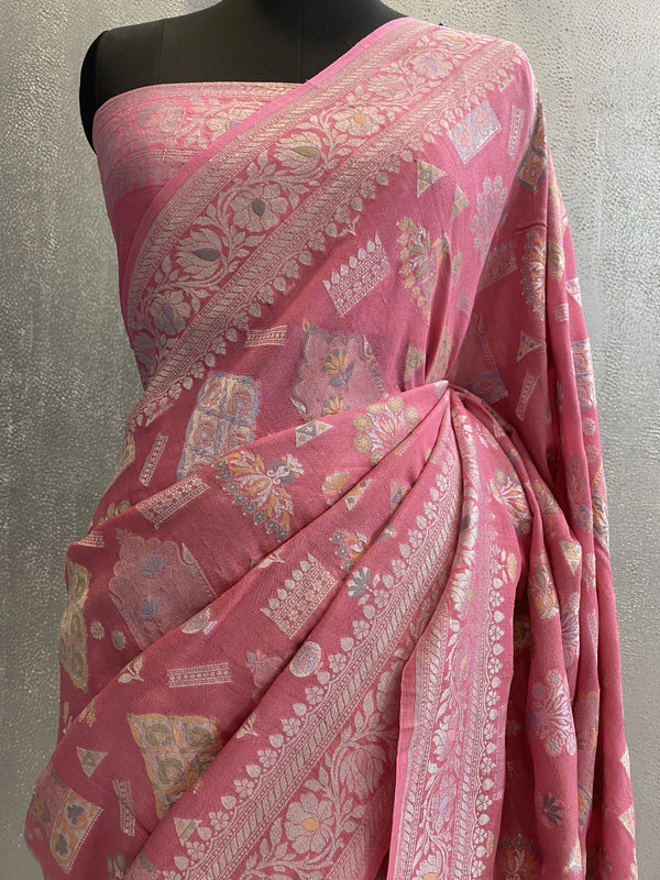 Baby Pink Khaddi tusser pure silk banarasi saree in tilfi work