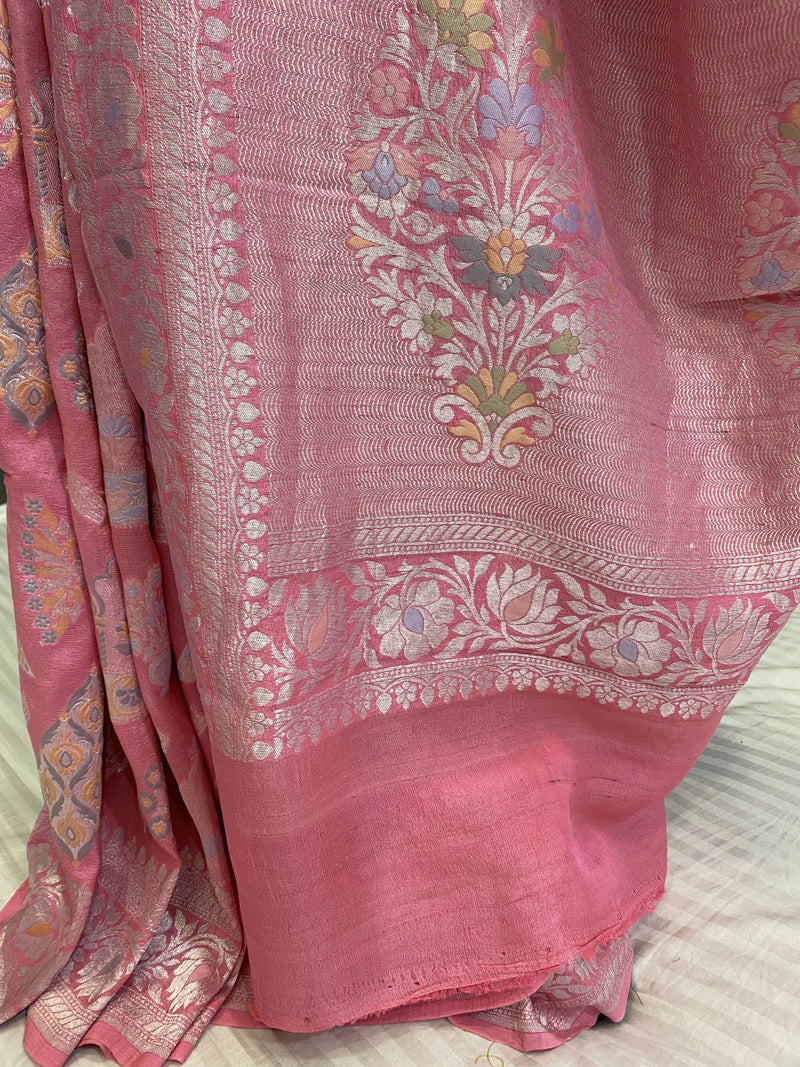 Baby Pink Khaddi tusser pure silk banarasi saree in tilfi work