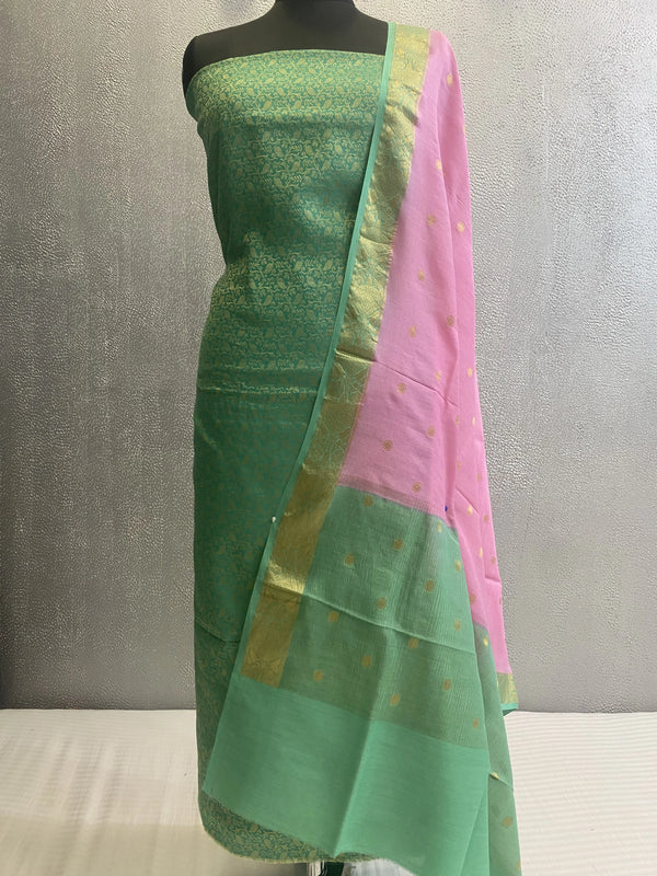 Green Pure silk 3 pc unstitched banarasi dress material