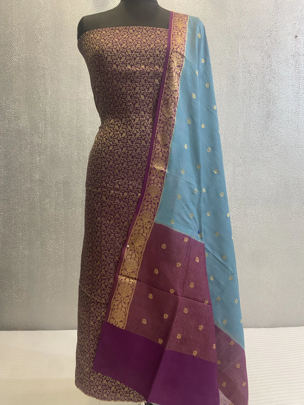 Purple Pure silk 3 pc unstitched banarasi dress material