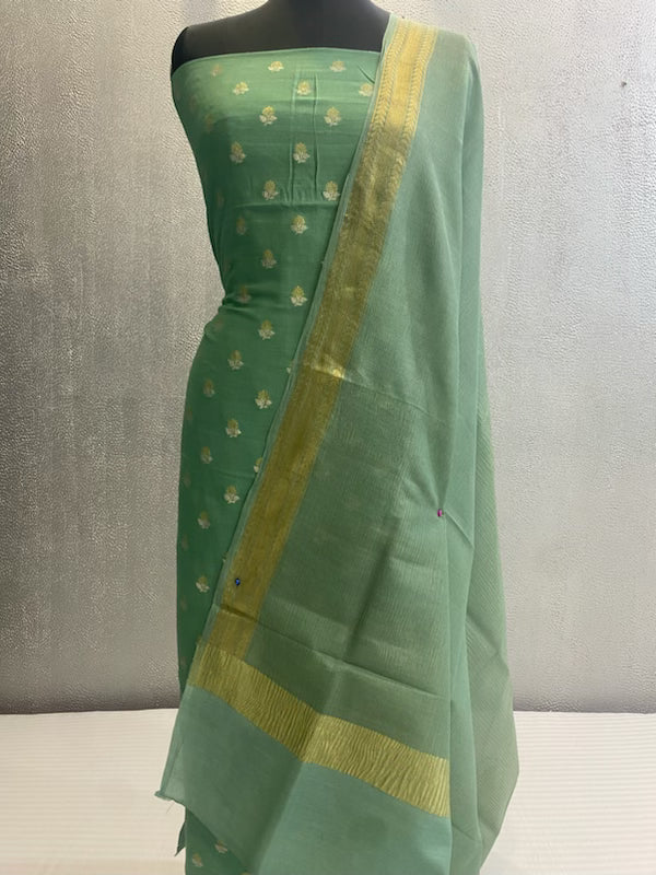 green pure silk 3 pc unstitched banarasi  dress material