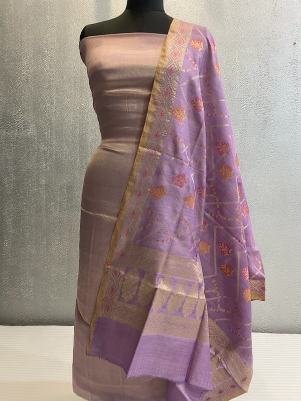 lavennder pure silk 3 pc unstitched banarasi dress material