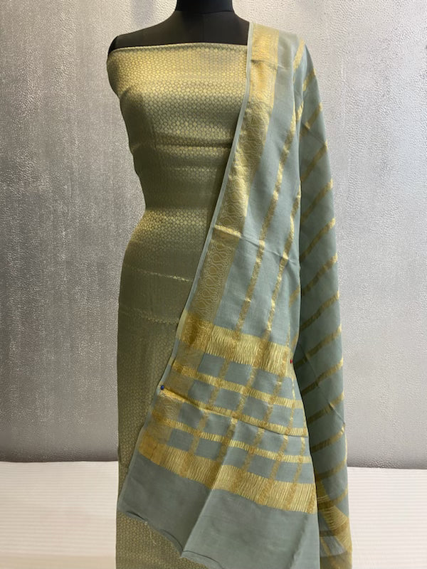 green pure silk 3 pc unstitched banarasi dress material