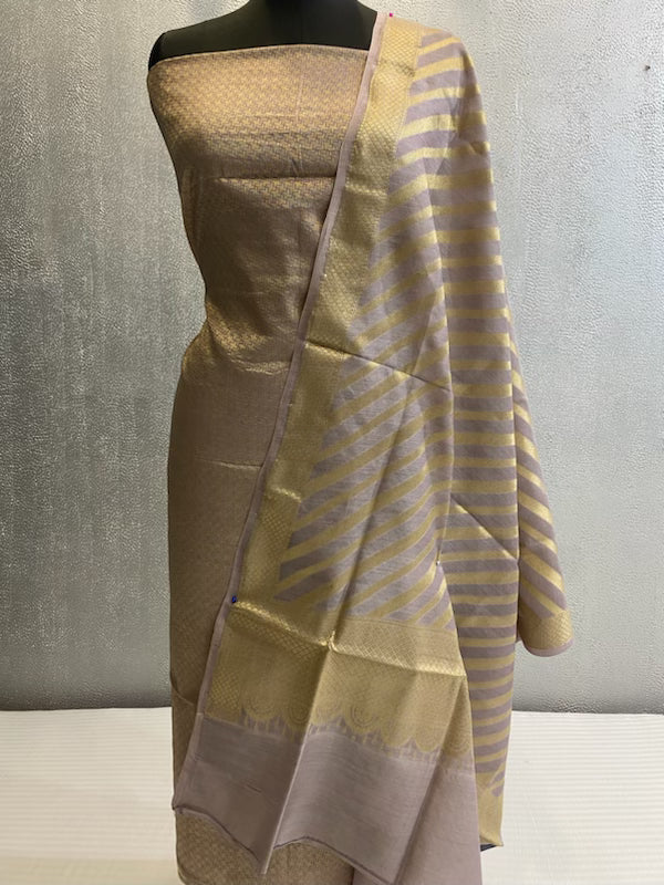 mauve pure silk 3 pc unstitched banarasi dress material