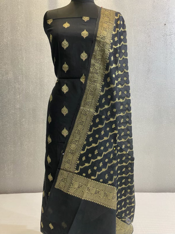 Black cotton silk 3 pc unstitched banarasi dress material