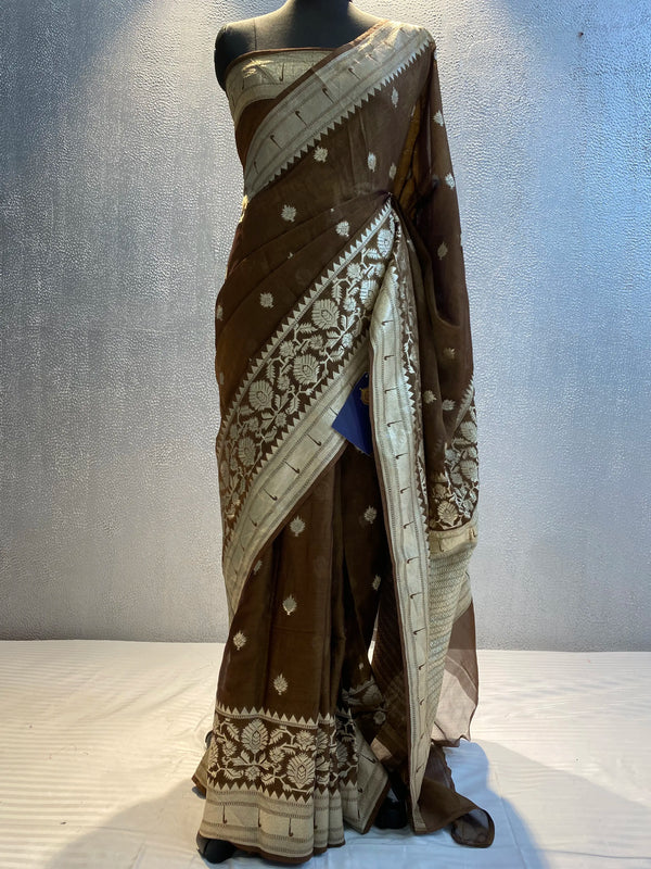 COFFEE BROWN KHADDI GEORGETTE TISSUE CUTWORK BANARASI SAREE