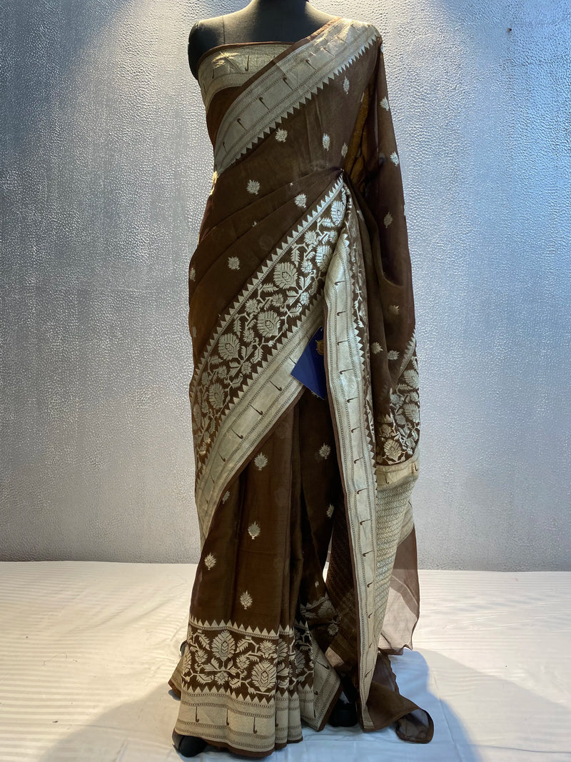 COFFEE BROWN KHADDI GEORGETTE TISSUE CUTWORK BANARASI SAREE