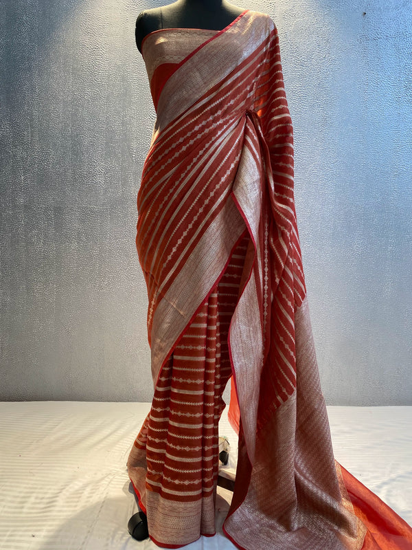 Red Handwoven georgette tissue banarasi saree