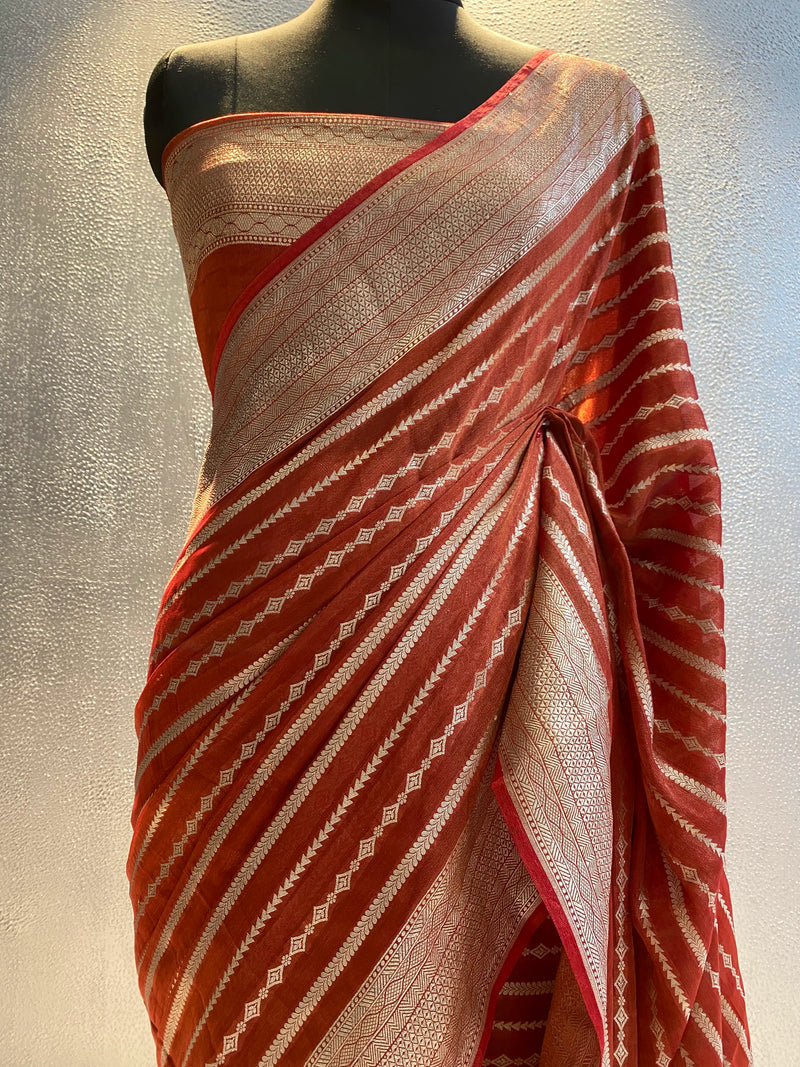 Red Handwoven georgette tissue banarasi saree