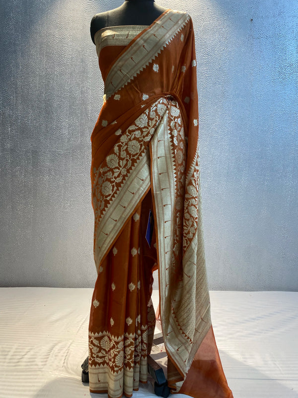 Rust Khaddi georgett tissue cutwork banarasi saree