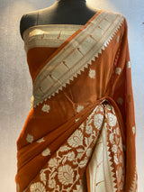 Rust Khaddi georgett tissue cutwork banarasi saree