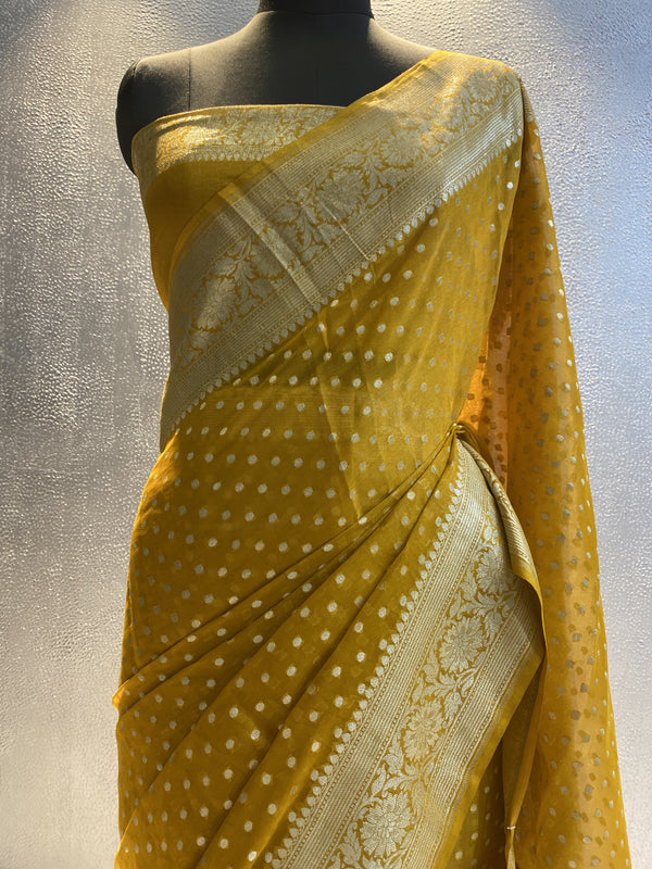 Mustard Handwoven khaddi georgette tissue saree