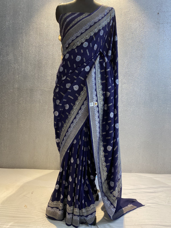 Navy Handwoven muga silk alfi designer saree