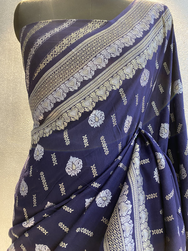 Navy Handwoven muga silk alfi designer saree