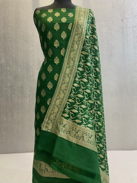 Bottle Green Khaddi munga pure silk 3pc unstitched dress material