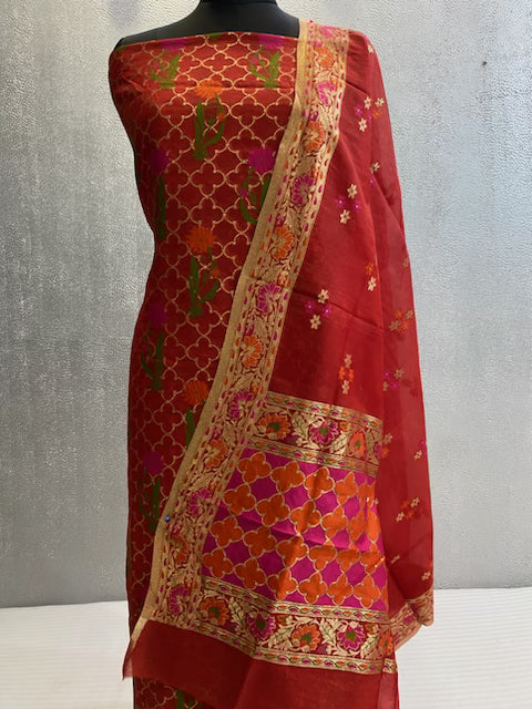 Red Premium cotton silk 3pc unstitched dress material