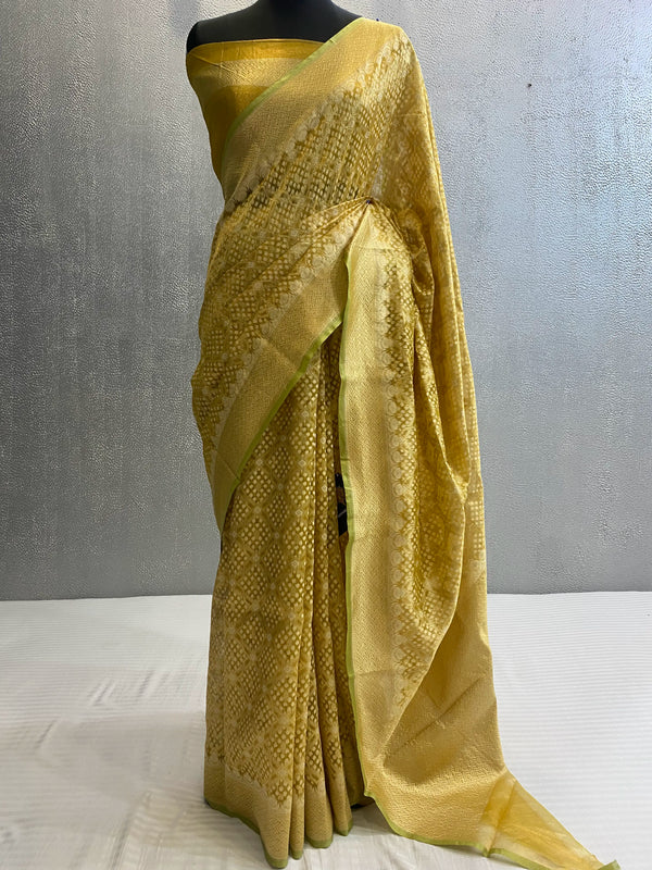 Yellow handwoven tissue silk saree