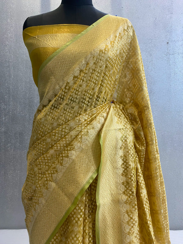 Yellow handwoven tissue silk saree