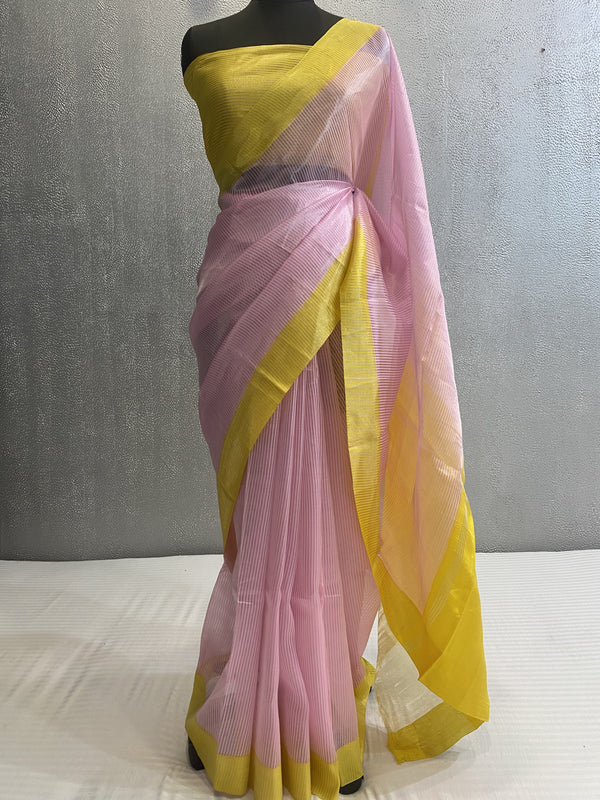 Baby pink and Yellow Pure katan dupion silk banarasi saree in silver zari