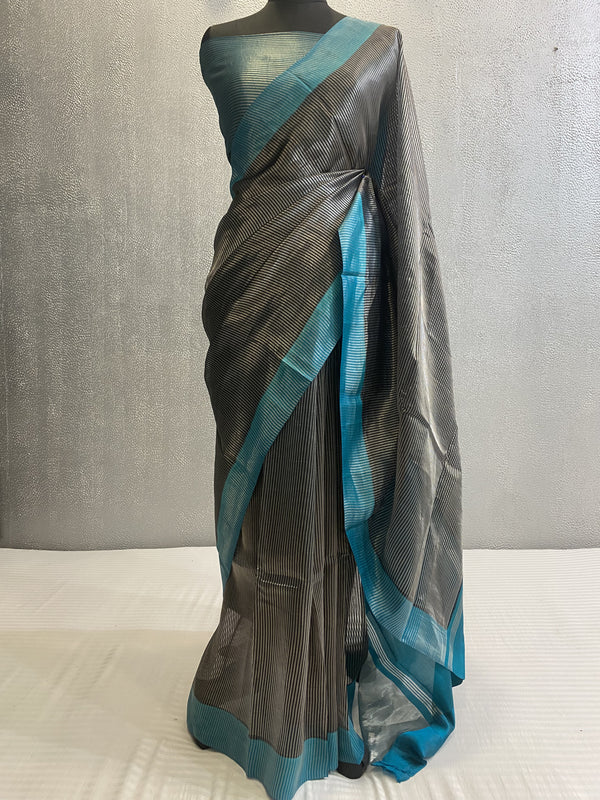 Black and Turquoise Pure katan dupion silk banarasi saree in silver zari