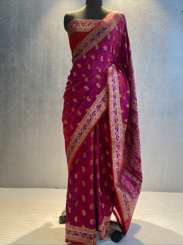 Pink handwoven katan silk tilfi jamawar zari booti saree