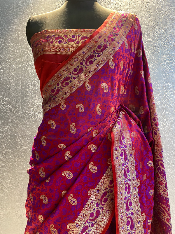 Pink handwoven katan silk tilfi jamawar zari booti saree