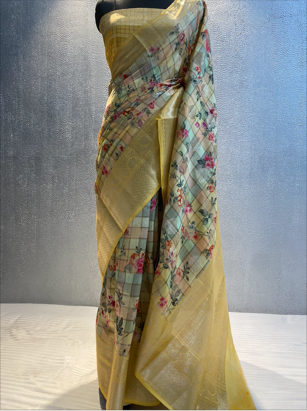 Multi color katan chinya silk digital print work saree