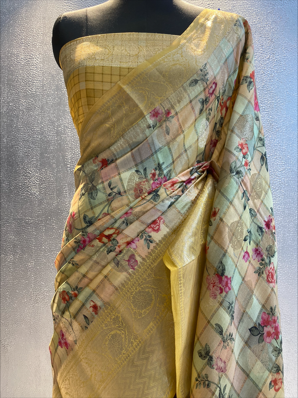 Multi color katan chinya silk digital print work saree