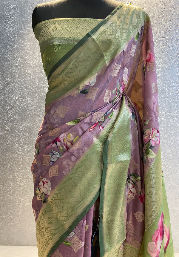 Multi color katan chinya silk digital print work saree